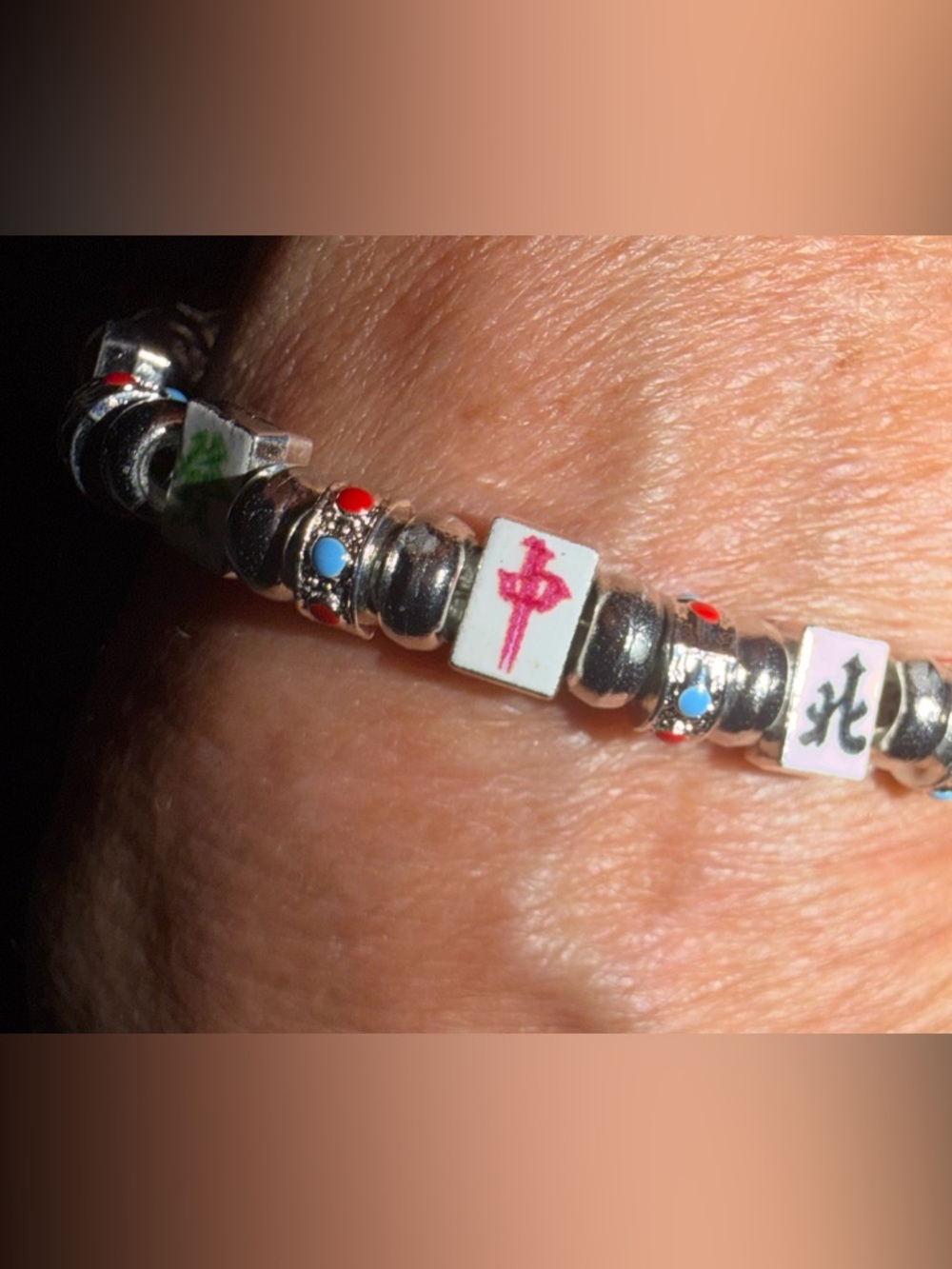 Silver Tone Mahjong Tile Bracelet with Red and Blue Accents